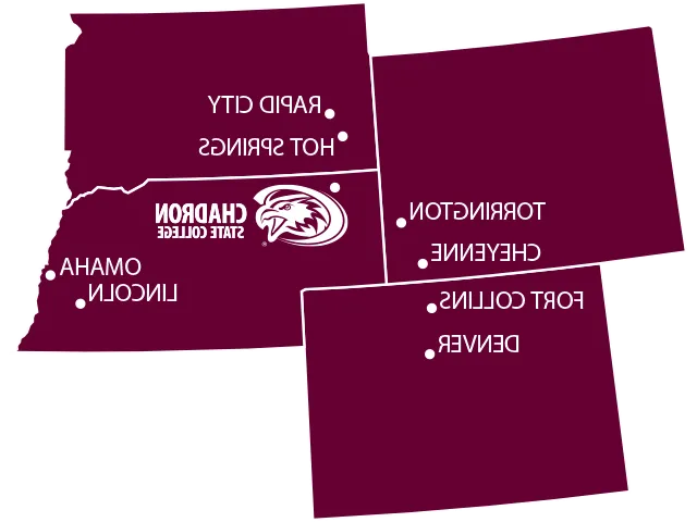 Nebraska, 南达科塔州, 怀俄明, 和科罗拉多 state outlines with Chadron marked